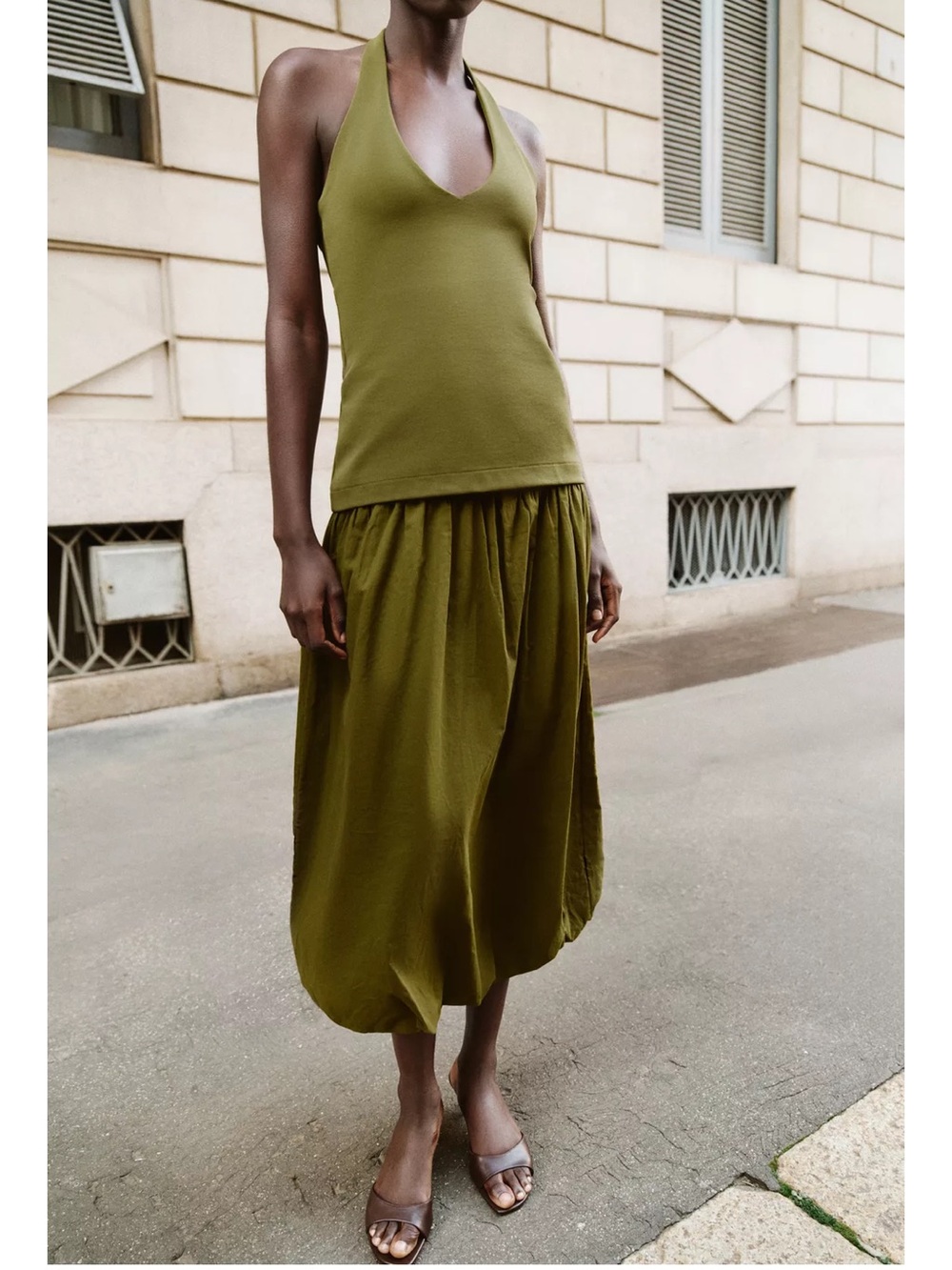 Zara NWT green halter neck combination maxi bubble hem dress